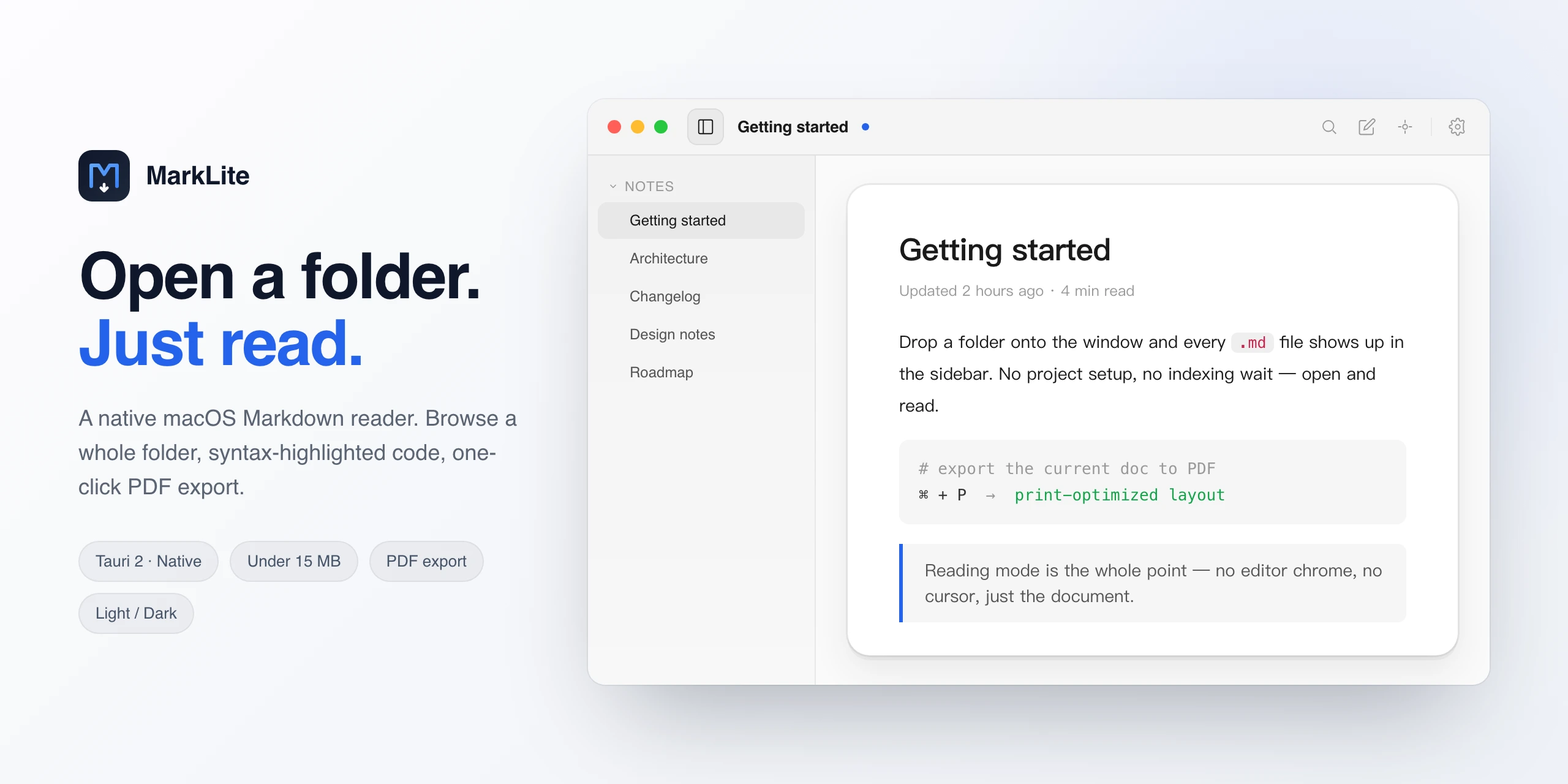 MarkLite reading a folder of notes: sidebar browsing, rendered Markdown, syntax-highlighted code