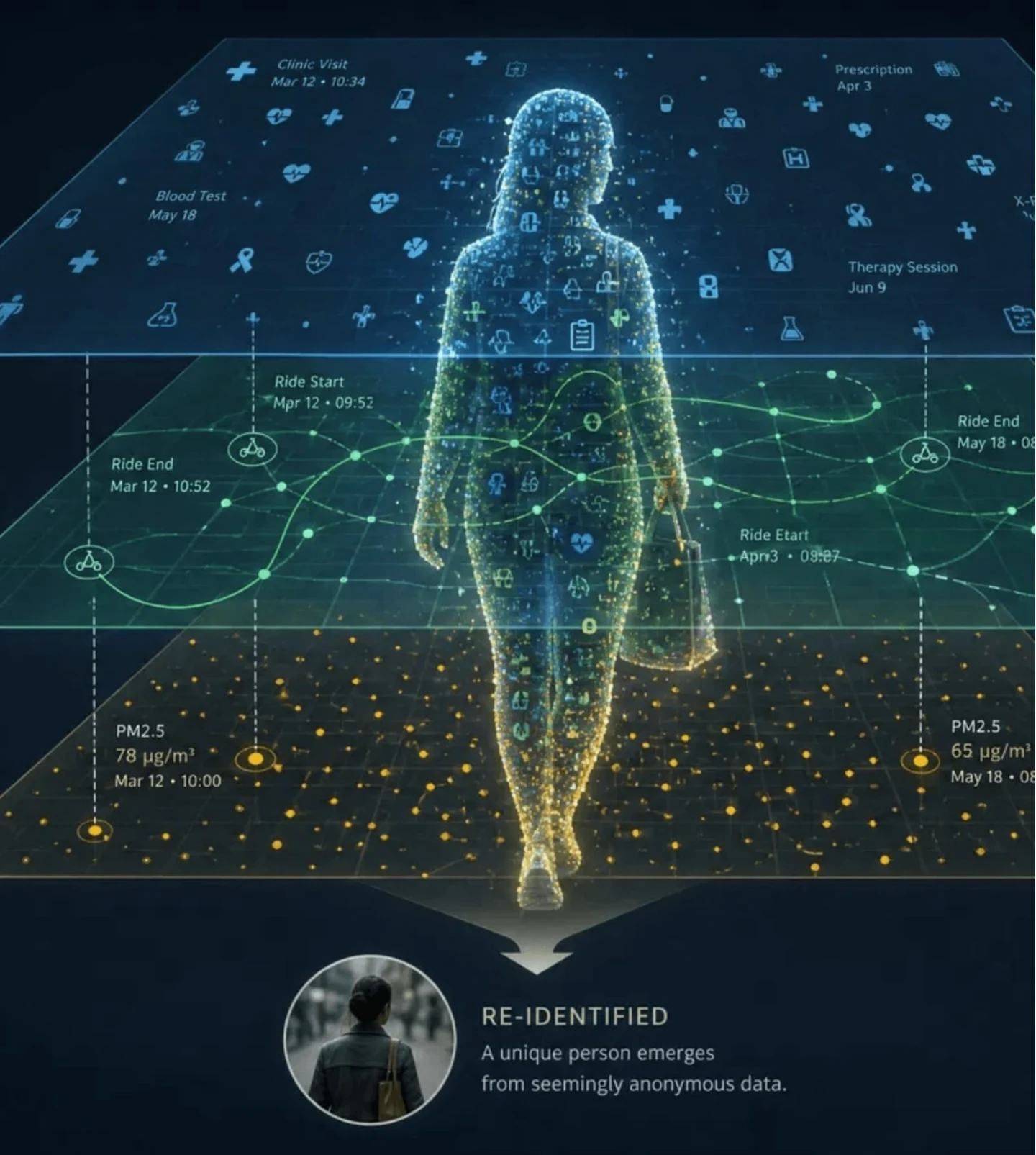 三层数据叠加导致重新识别的示意图：上层是带日期的医疗事件，中层是带时间坐标的出行轨迹，下层是带时间的 PM2.5 读数，三层叠在一起之后底部结论是 RE-IDENTIFIED，一个具体的人从看似匿名的数据里浮现出来